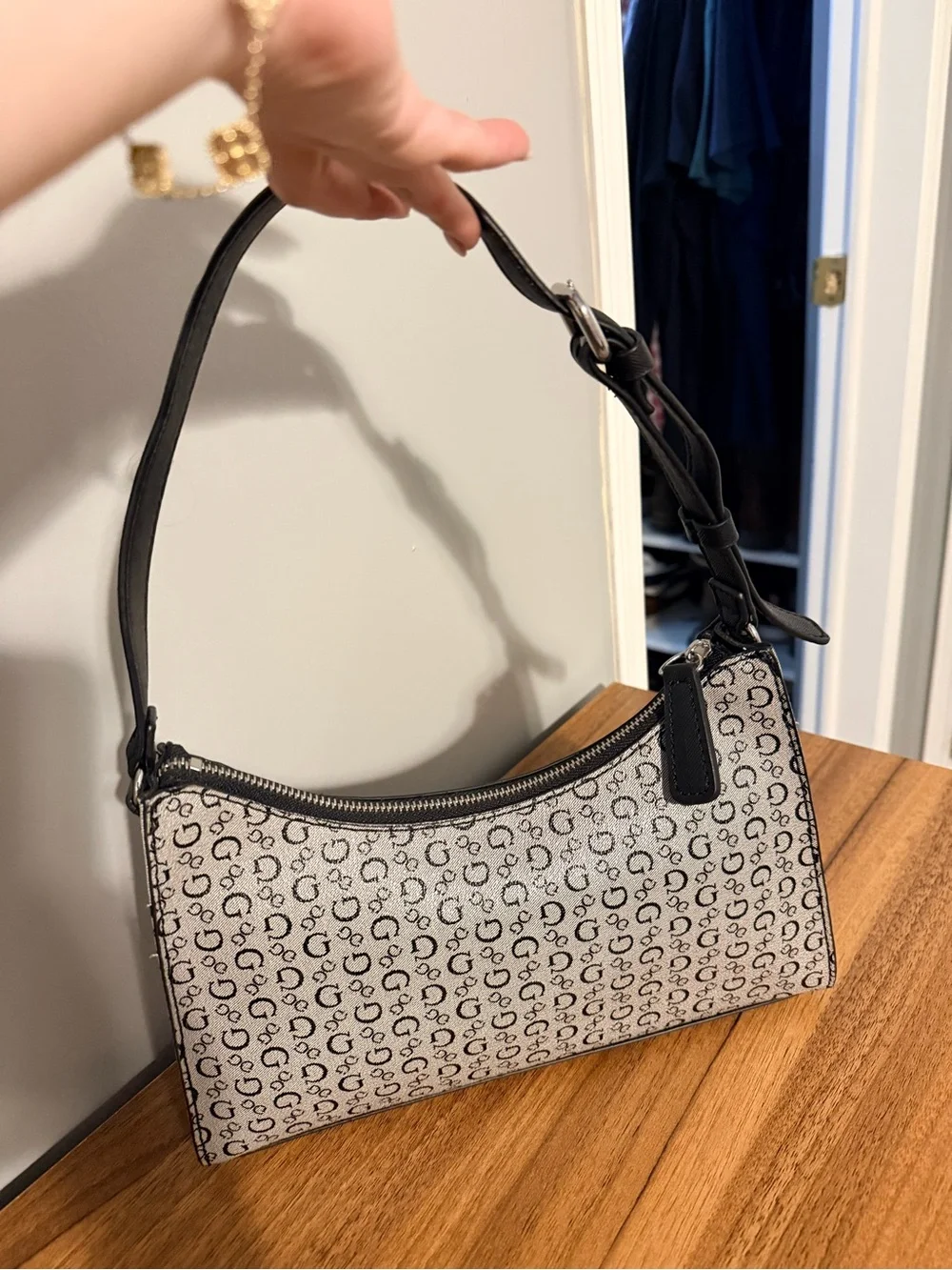 Guess Monogram Logo Shoulder Bag in Black and Gray